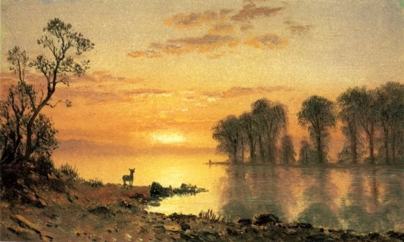 Альберт Бирштадт: Олень у реки на закате